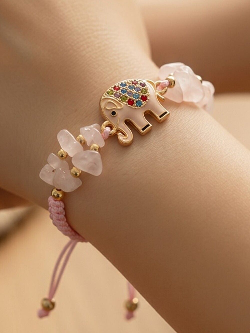 Rose Quartz Crystal Beaded Elephant Bracelet Adjustable String Gold Enamel Charm